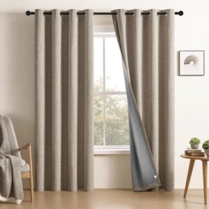 CUCRAF 100% Blackout Window Curtains 96 inches Long 2 Panels Set, Faux Linen Look Thermal Insulated Grommet Drapes, Room Darkening Curtain for Bedroom Living Room(W52 x L96 Inch, Light Khaki)